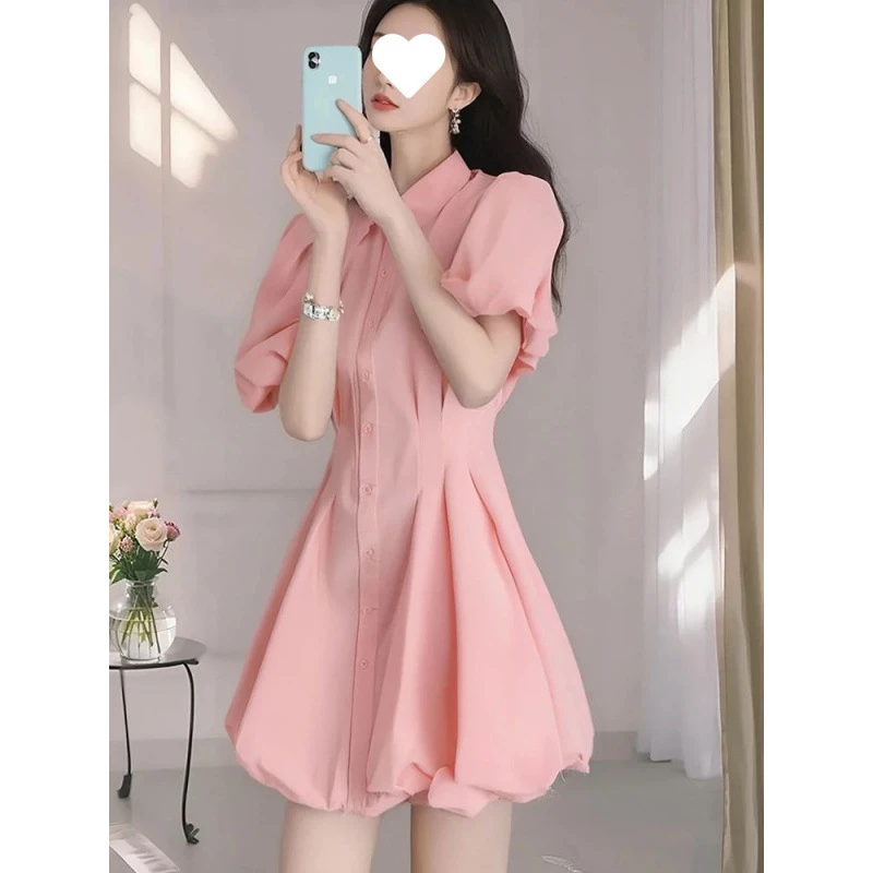 多巴胺绝美粉色夏季连衣裙2025新款法式气质衬衫裙显瘦收腰度假风