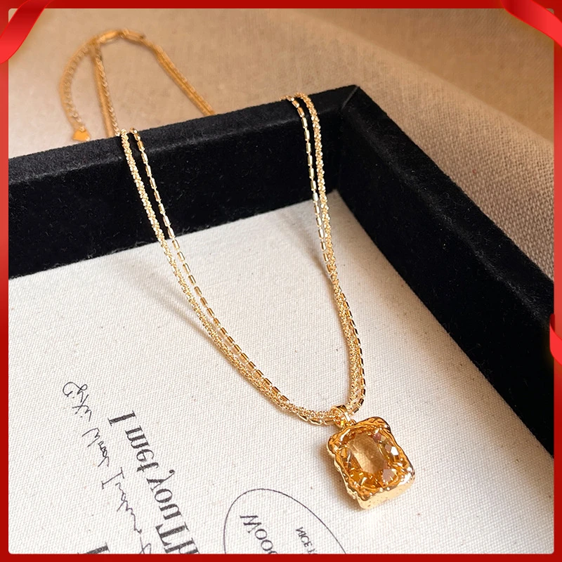 合金布艺项链 复古法式小众轻奢高级感美拉德双层吊坠项链锁骨链