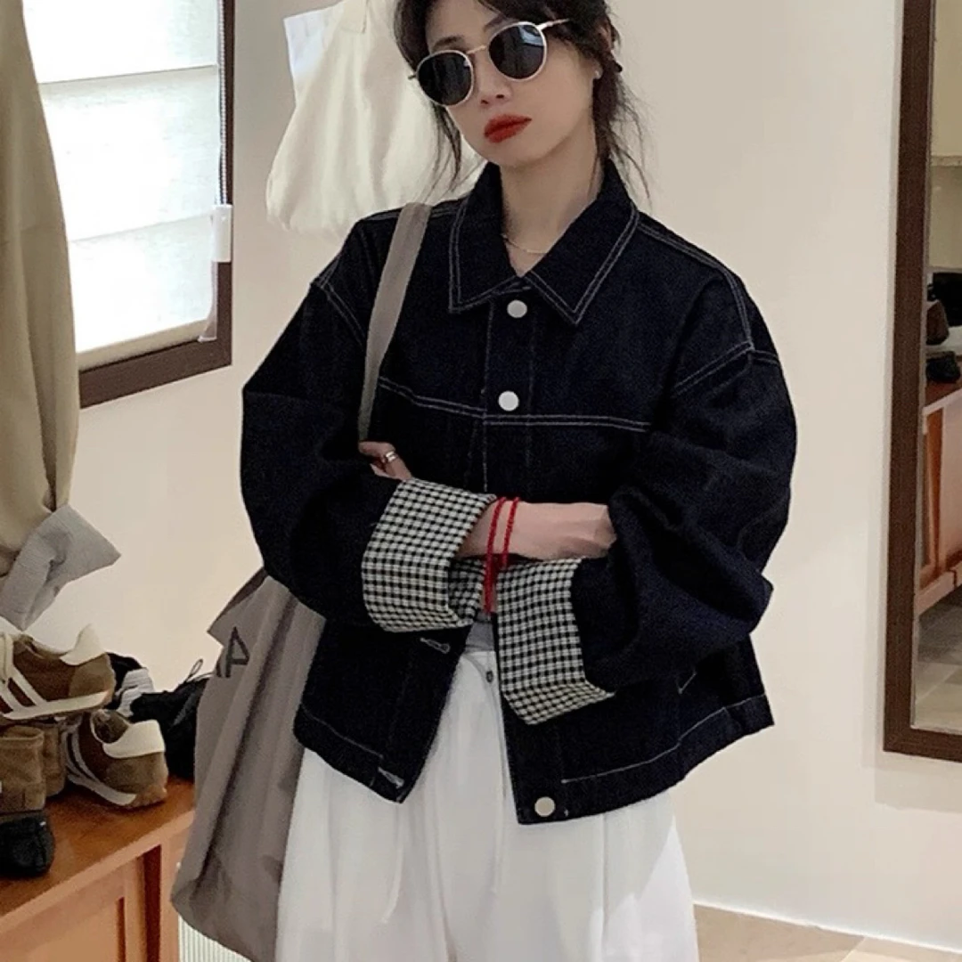 韩系袖口撞色牛仔外套女宽松bf慵懒风小个子短款2025秋季新款