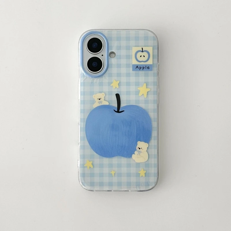 格纹蓝苹果小熊适用iPhone16大孔手机壳华为Mate70vivo小米oppo套