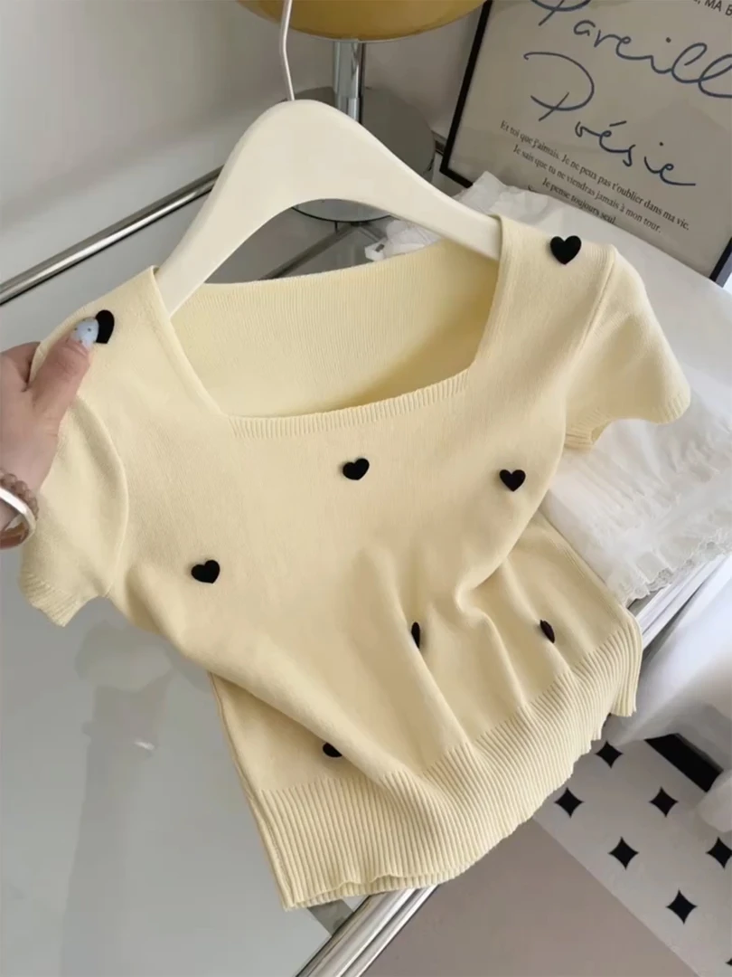 设计感独特爱心方领短袖针织衫女装2025夏季新款小众短款T恤上衣