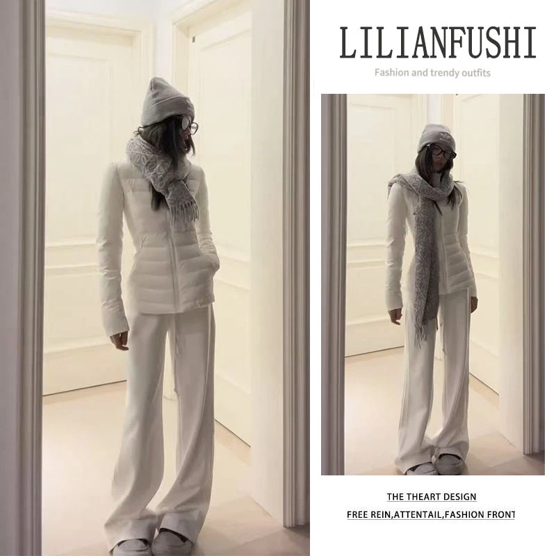 韩系穿搭2025秋冬新款百搭修身收腰长袖棉服外套显瘦阔腿裤两件套