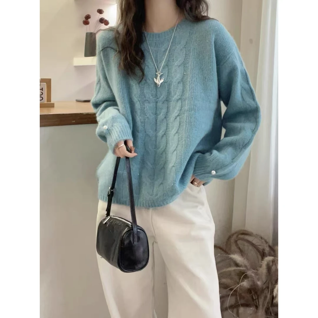 /麻花珍珠扣/加厚亮丝慵懒麻花软糯针织衫毛衣女CM70