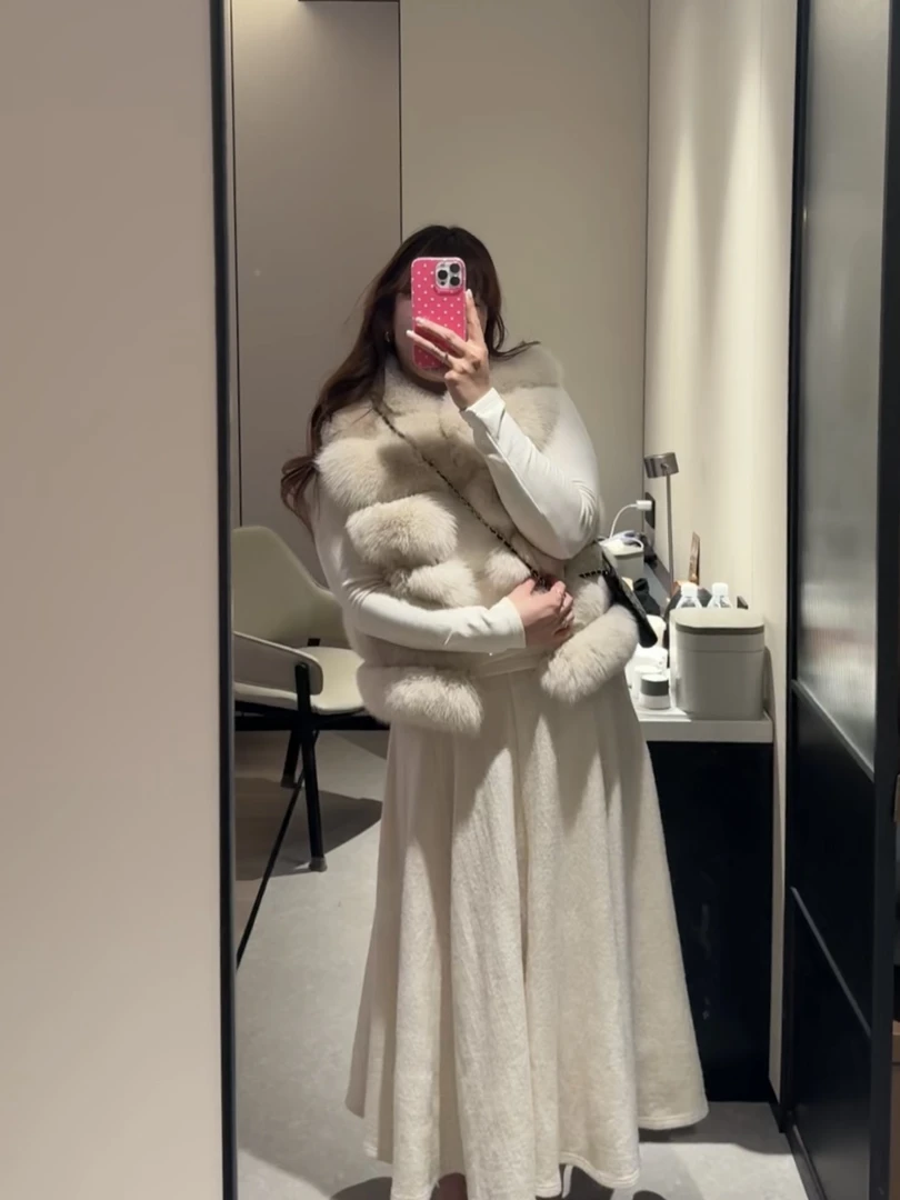 佳人欧尼【初雪白月光】整张狐狸毛横排皮草马甲