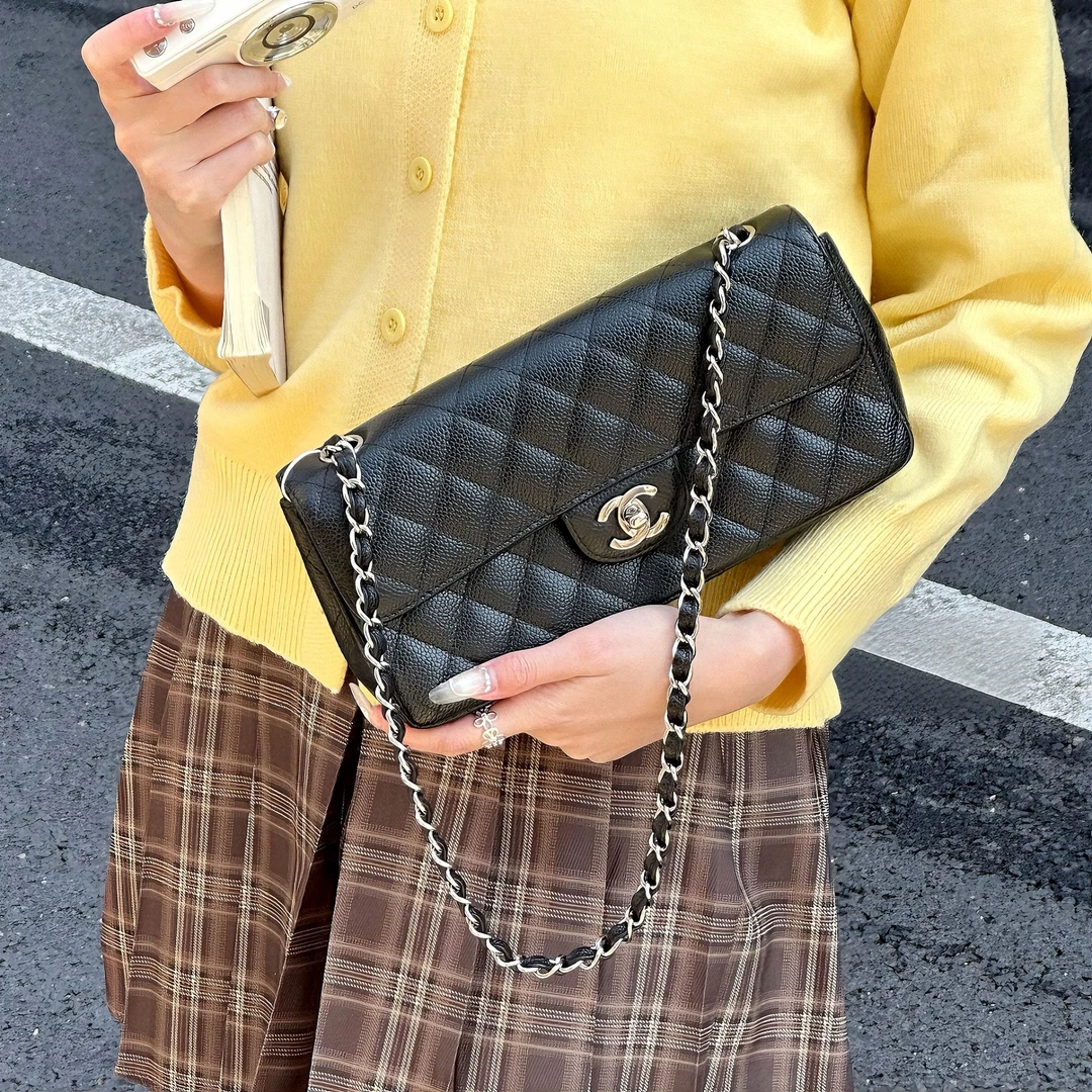 99新 Chanel/香奈儿 6453|香奈儿黑银荔枝皮法棍单肩包|香奈儿