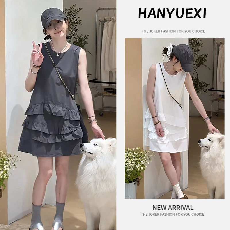 2025年夏季新款绝美连衣裙韩版宽松显瘦圆领荷叶边宽松无袖裙子