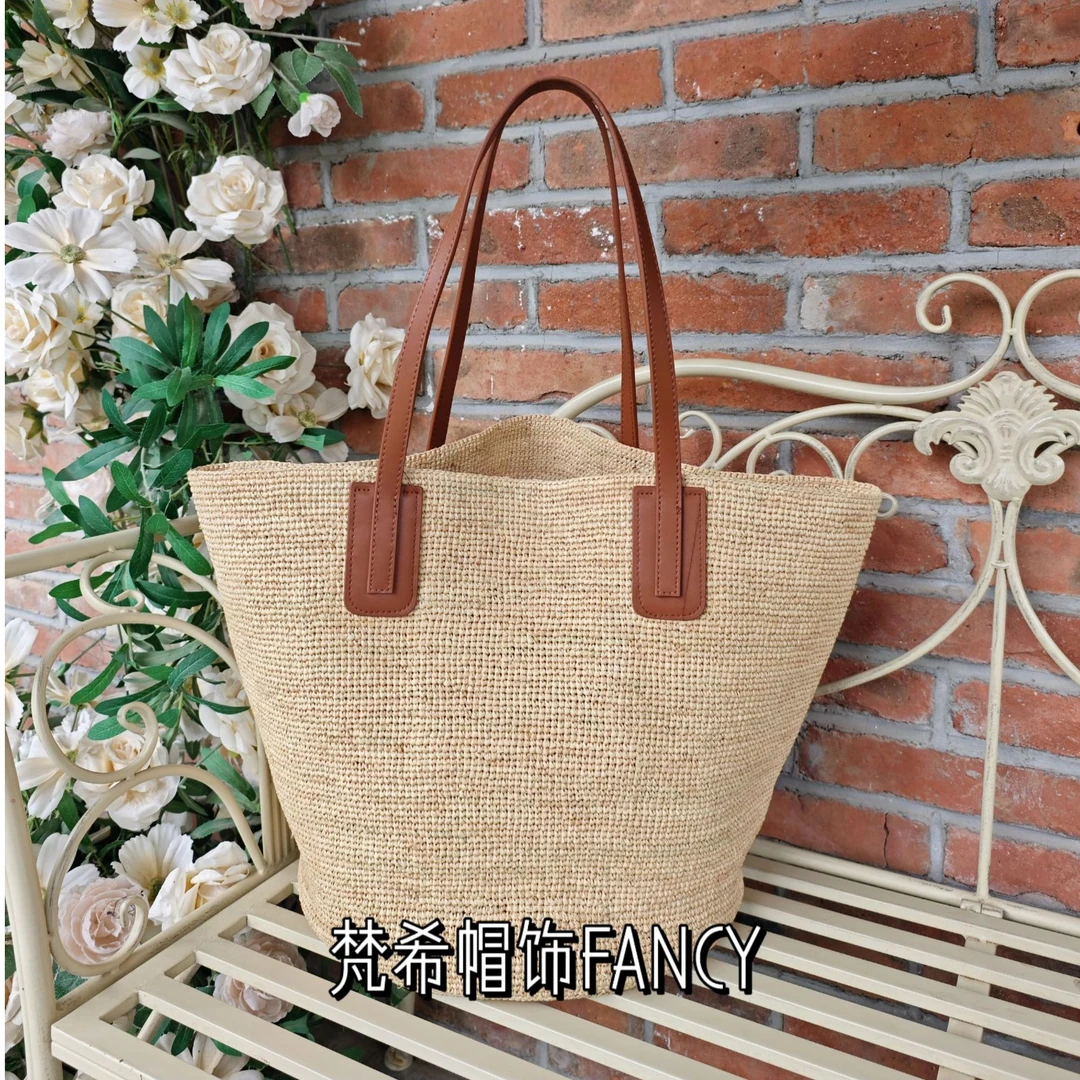 欧美时尚简约拉菲草手工编织包女大容量单肩包度假包通勤托特包