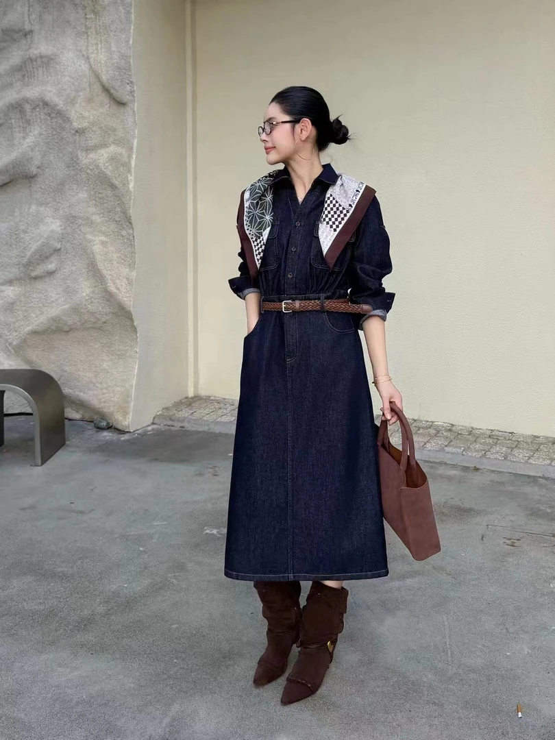 【钰姐精选】莎奈99022-牛仔气质收腰长裙时尚百搭复古