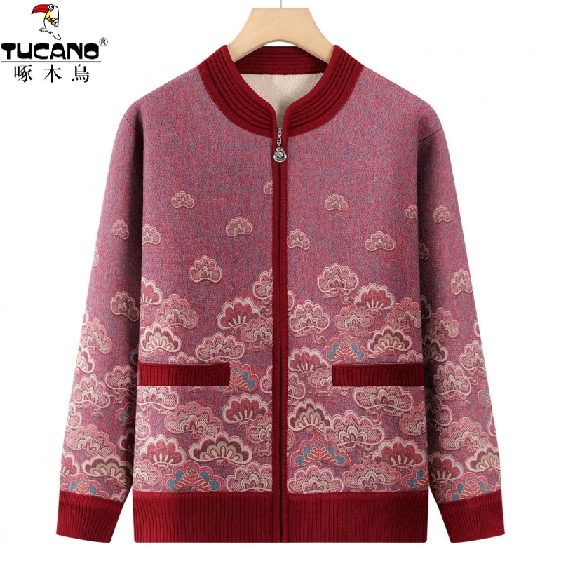 啄木鸟奶奶秋冬外套加绒加厚中老年人针织衫女款妈妈冬装开衫保暖