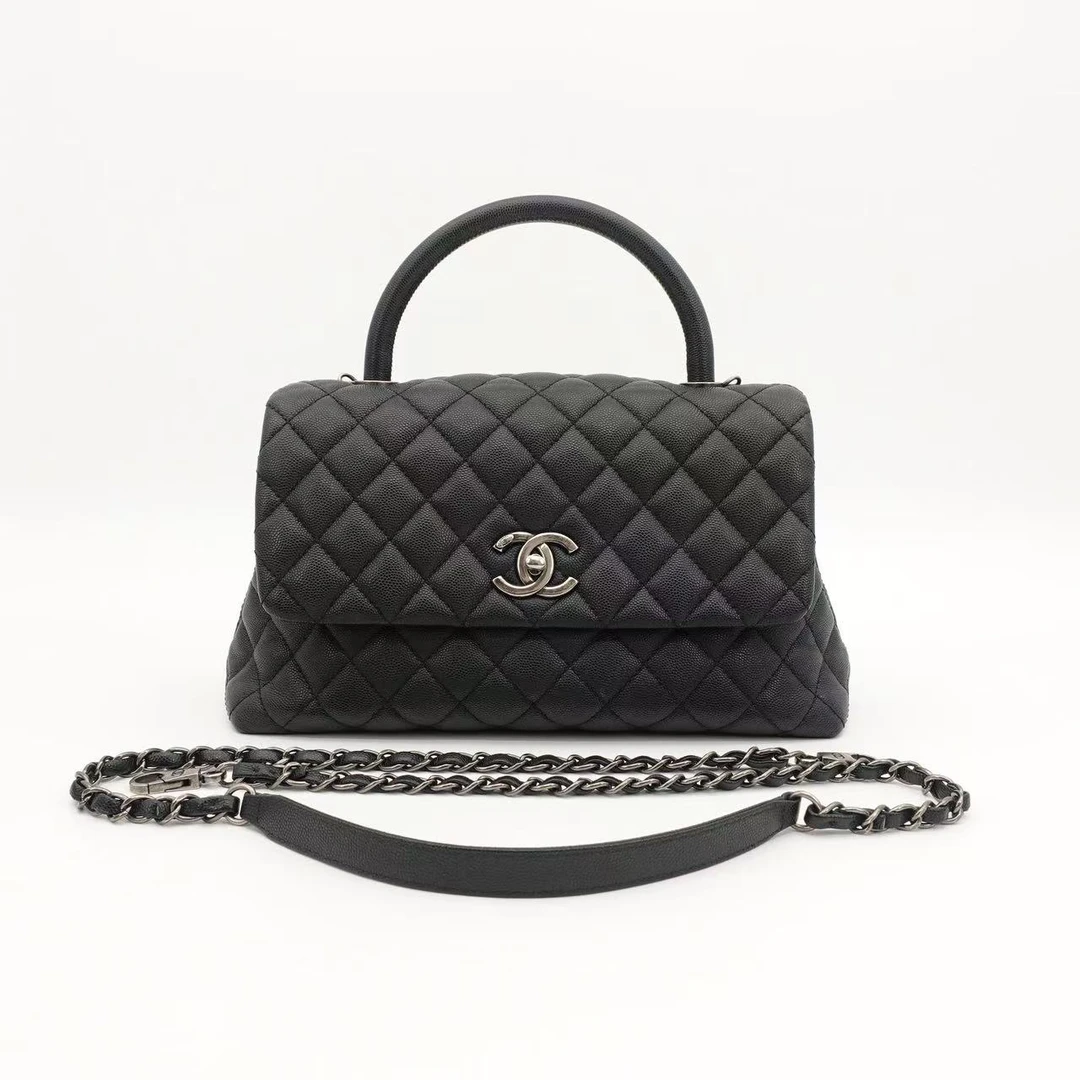 95新 Chanel/香奈儿 cocohandle中号黑银荔枝牛皮/80640103