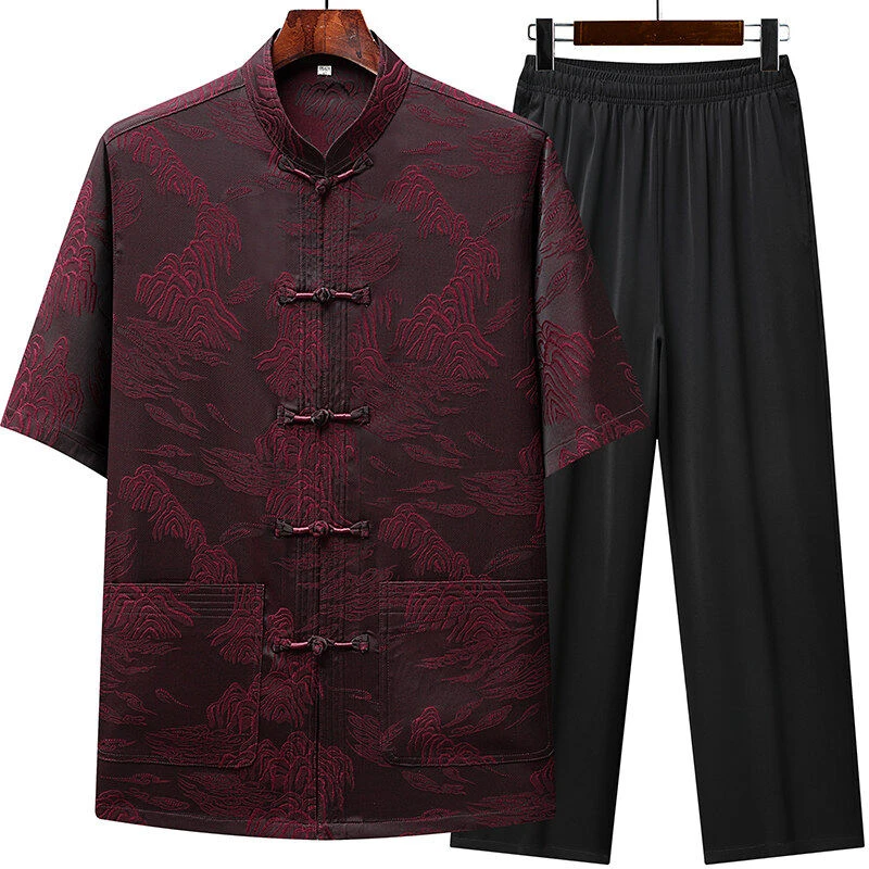 夏季新款唐装男款冰丝中老年短袖爸爸薄款套装中国风爷爷夏装衣服