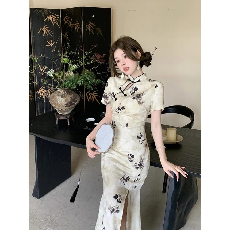【现货】新中式国风盘扣立领旗袍显瘦中长款连衣裙8915