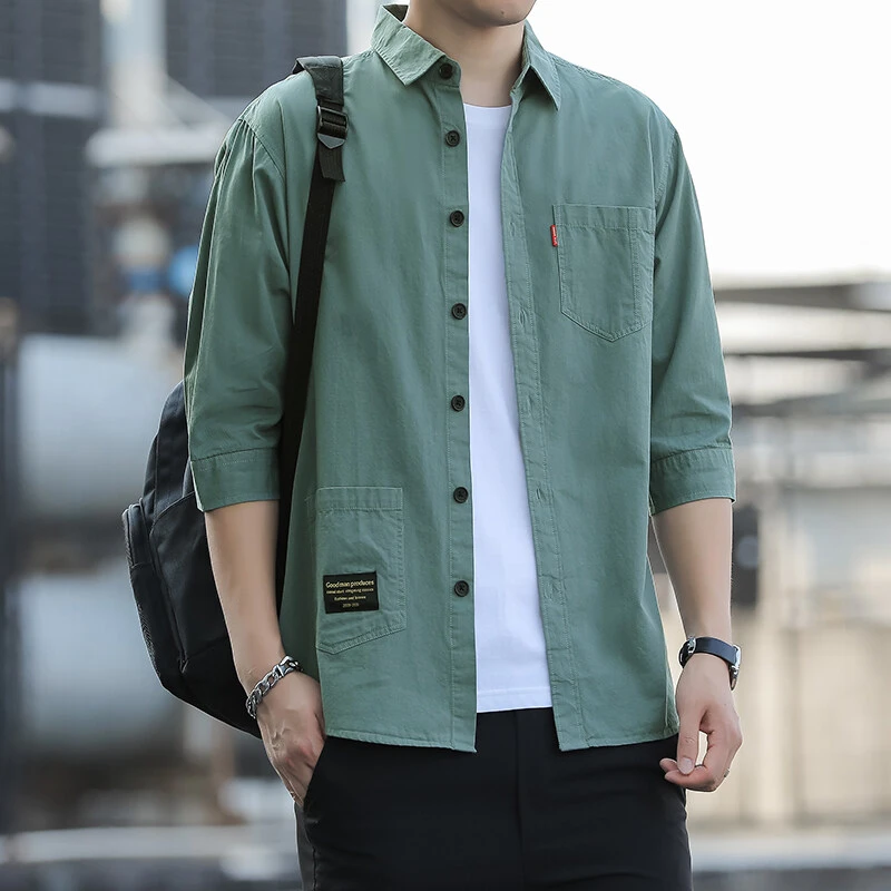高品质港式七分袖男士衬衫夏季薄款棉质休闲多口袋短袖中袖衬衣潮