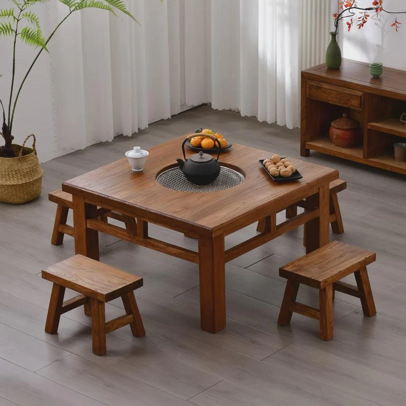 老榆木围炉煮茶桌子火锅桌椅实木煮茶桌复古中式小方桌户外烧烤桌