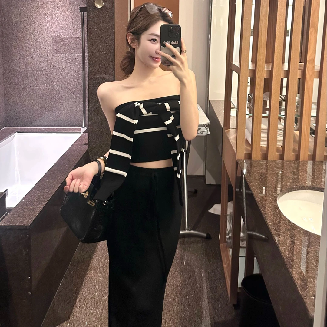 韩系穿搭条纹披肩假两件抹胸上衣女夏设计感小众性感露背针织裹胸