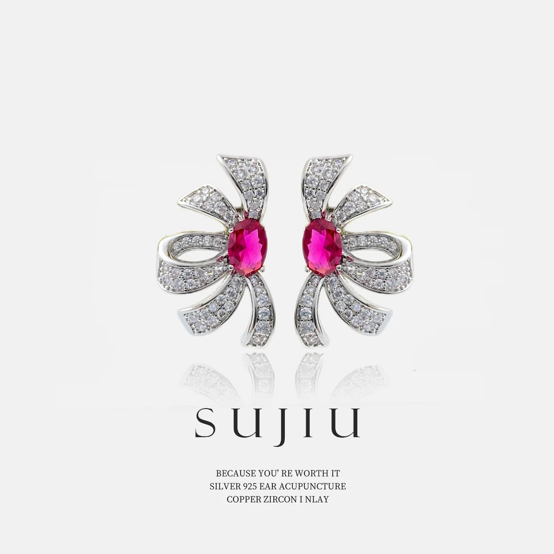 铜合金耳饰 SUJIU 925银针【玫蝶结光】气质精致耳钉耳环耳坠7532