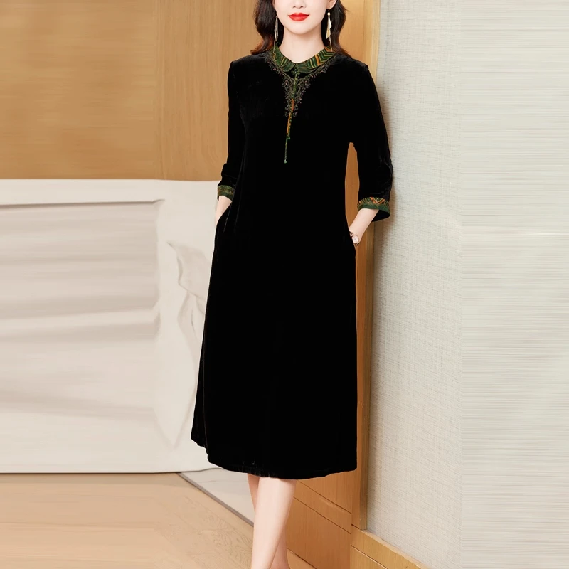 桑蚕丝真丝绒连衣裙妈妈2025新款品牌丝绒秋季大码真丝金丝绒气质