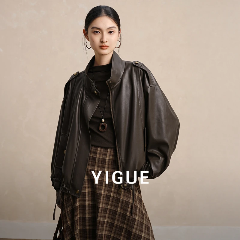 [达人专属]亦谷皮衣女2025秋经典可可棕飞行夹克外套G5WAF584