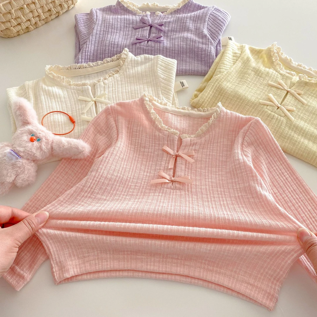 女童韩版打底衫2025新款春季宝宝洋气蝴蝶结长袖T恤婴儿纯色春装