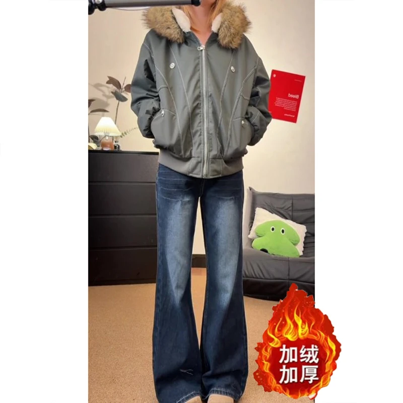 复古深蓝加绒加厚直筒裤女2025冬季新款显瘦宽松垂感牛仔拖地裤