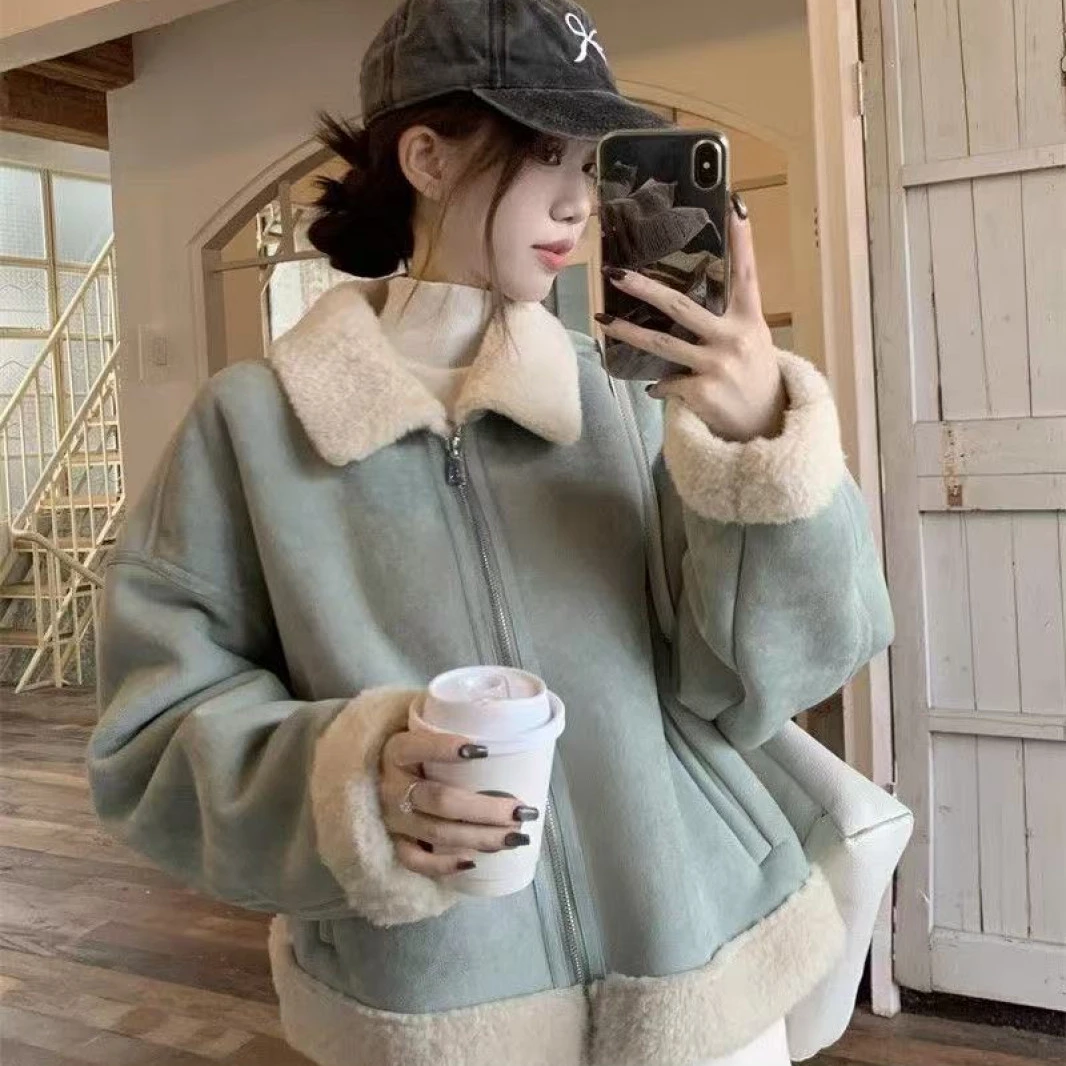 韩版小香风外套女羊羔绒宽松秋冬季保暖加绒皮毛一体时尚慵懒上衣