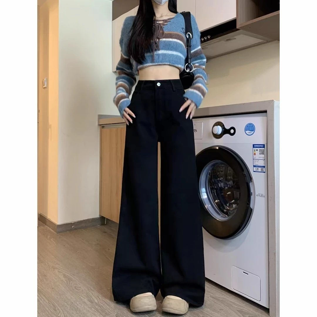 黑色不贴腿微喇牛仔裤女春秋新款高腰宽松显瘦直筒百搭阔腿拖地裤