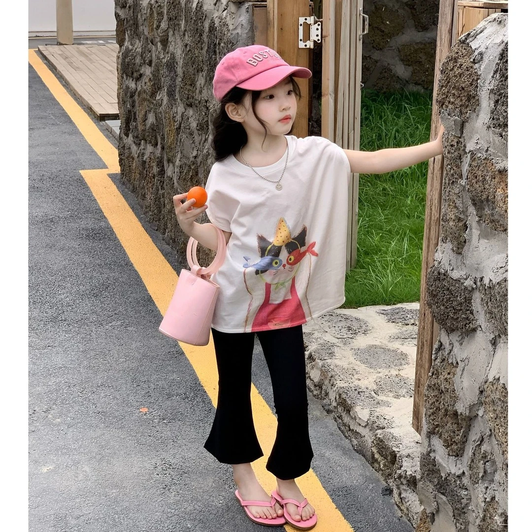 2025夏装新款女童洋气卡通小猫宽松短袖T恤+休闲喇叭九分裤两件套