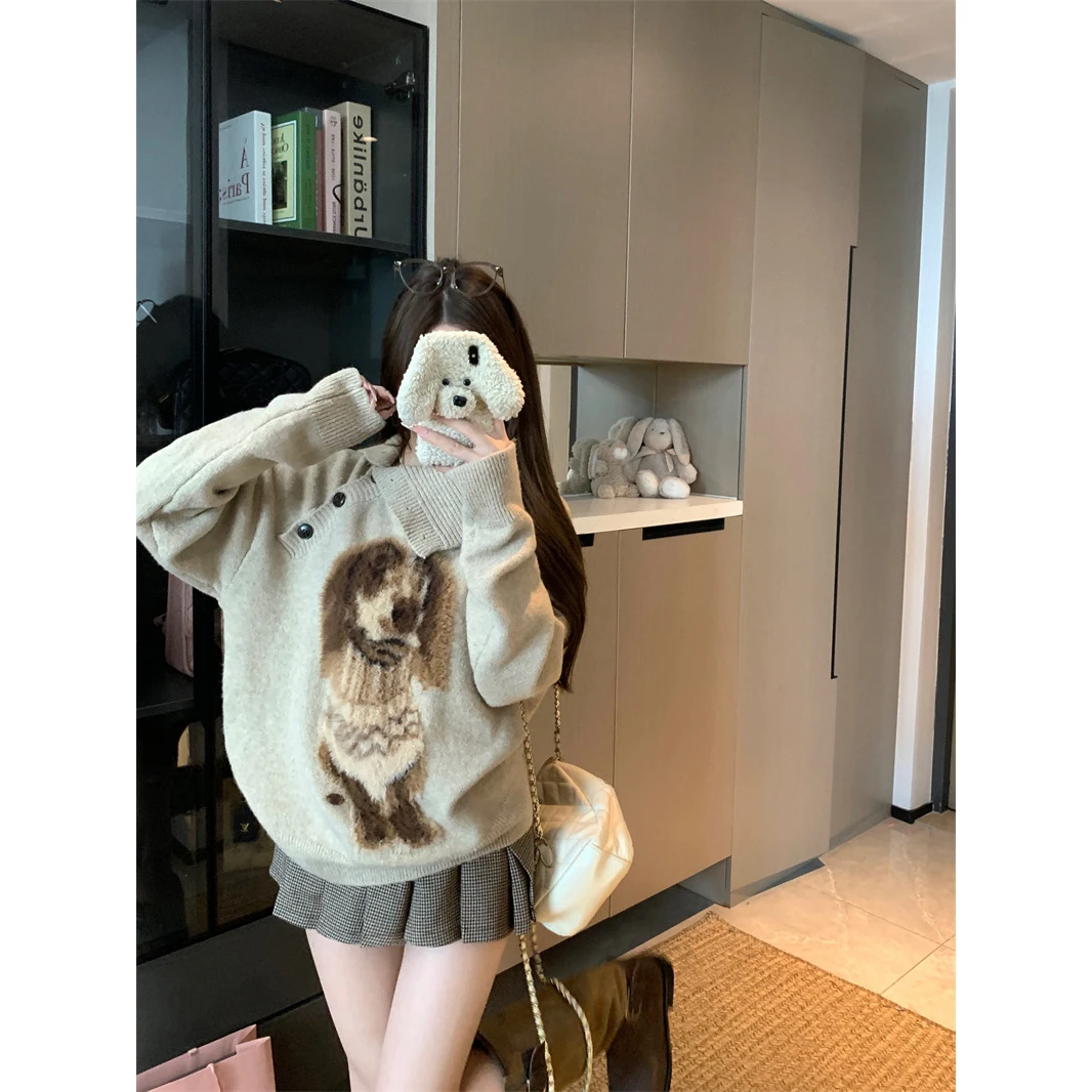 法式复古小狗提花针织衫女秋季宽松慵懒毛衣新款休闲高领长袖上衣