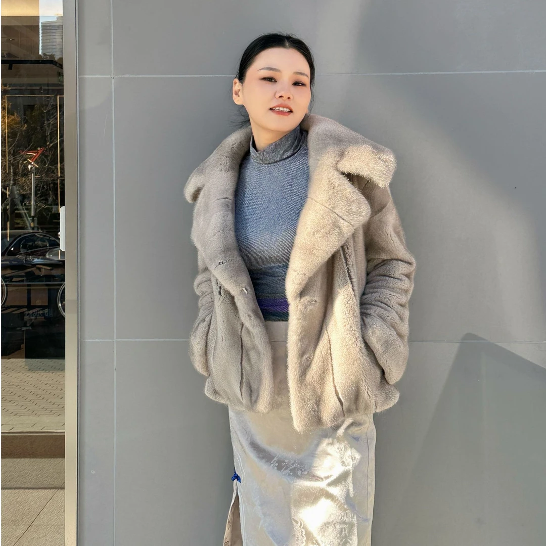 天伦皮草 大翻领短款水貂毛皮草 锁温 柔软蓬松百搭通勤