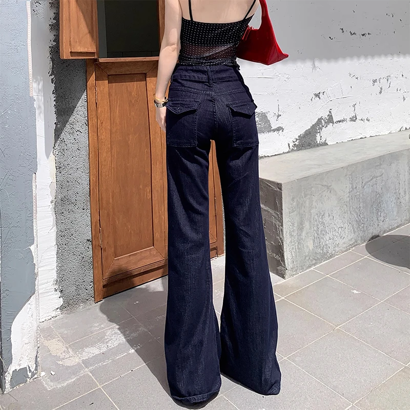 深蓝色莱赛尔天丝微喇牛仔裤女夏薄款2025丹宁高腰弹力显瘦喇叭裤