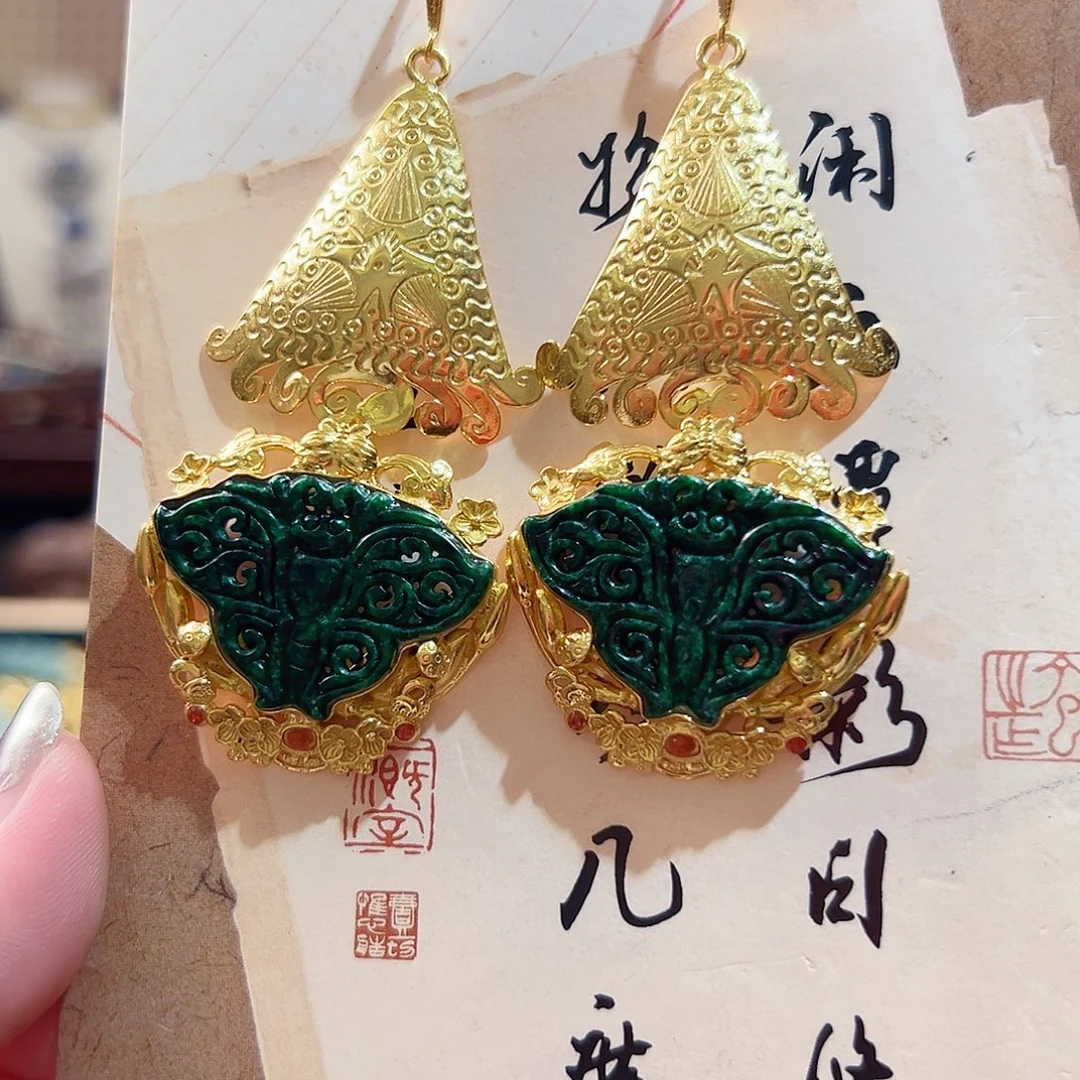 翡翠银S925镶嵌耳饰国风