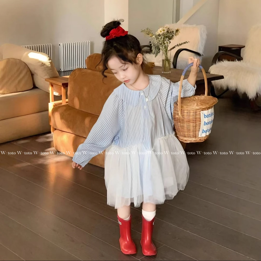 蓝纱甜梦 | 女宝娃娃领蓝色条纹拼接纱韩版连衣裙坎肩套装学院风