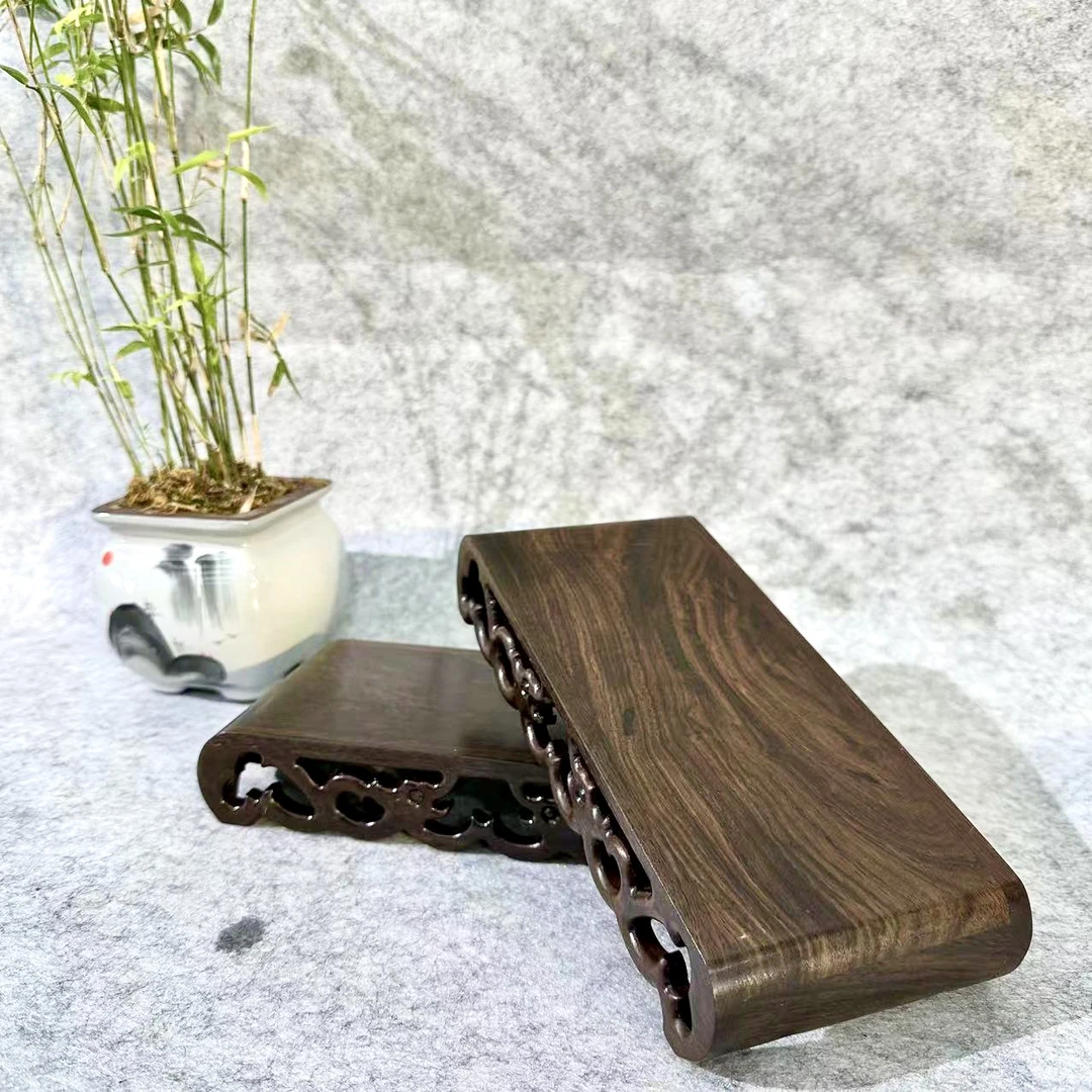 【黑檀长方书卷底座】雕双龙木雕工艺品摆件茶壶盆景 尺寸：22*10*4