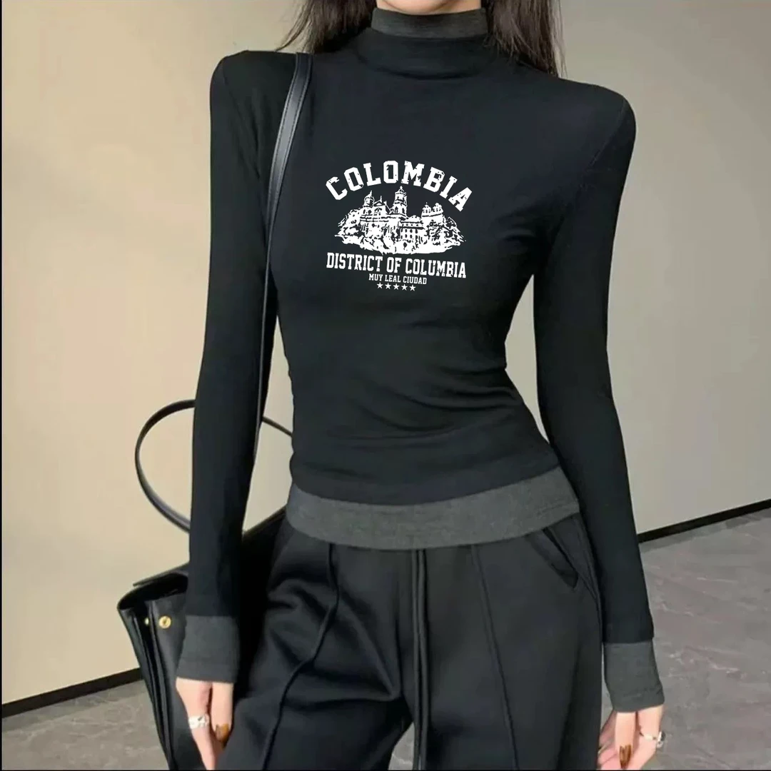 内搭显瘦加绒打底衫大码胖mm美式半高领撞色假两件长袖T恤女秋冬