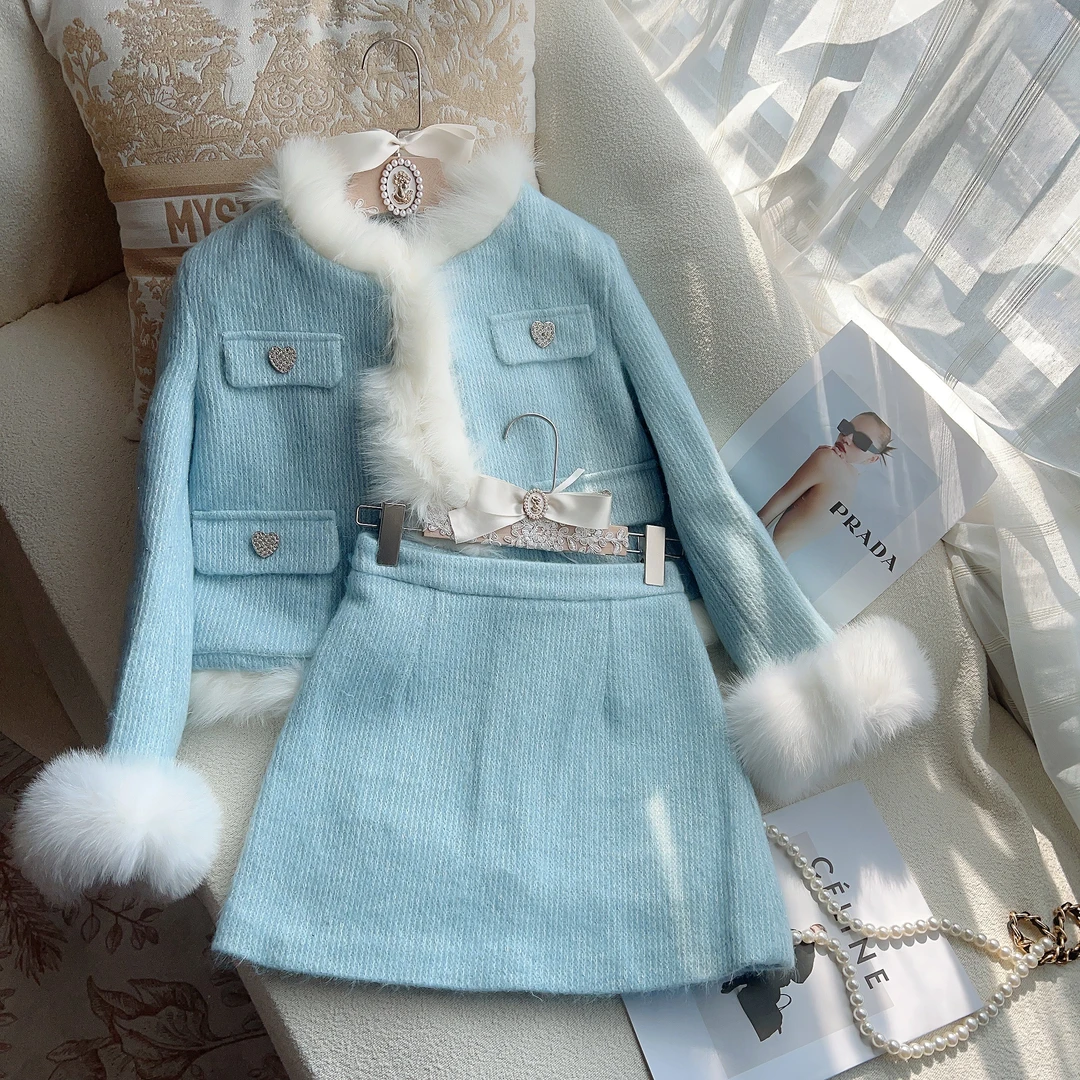 【现货秒发】【海盐水晶】高级感富家千金风加厚保暖外套毛领半裙套装