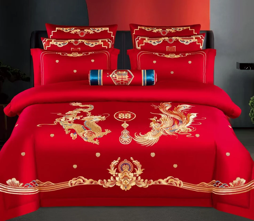 男生款 （甜蜜蜜） 女生款（一心一意）长绒棉刺绣结婚四件套大红套件