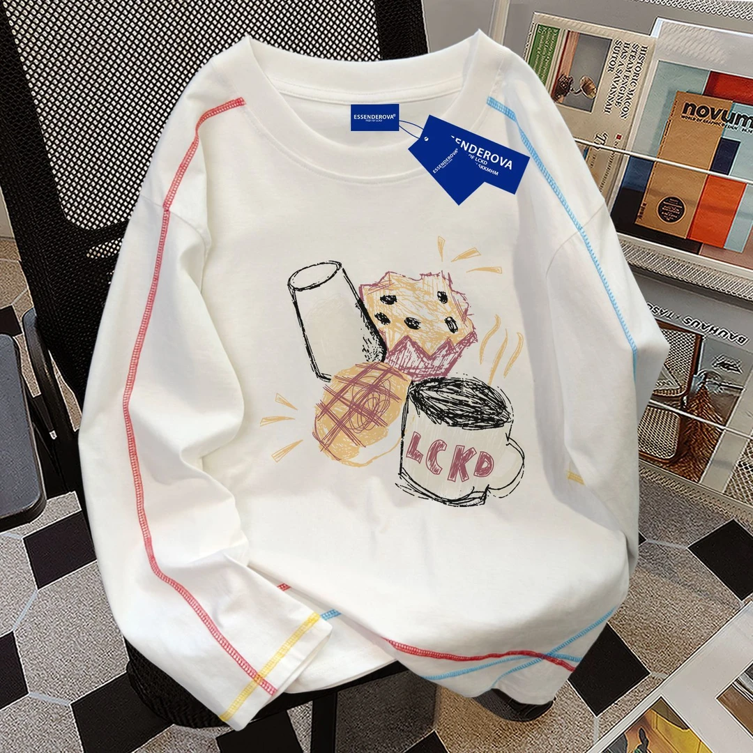 100%纯棉新款复古韩系圆领长袖t恤女春秋季宽松休闲打底衫上衣