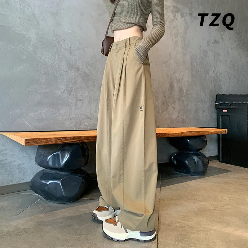 卡绿色美式直筒工装裤女2024秋季新款高腰宽松休闲阔腿裤TZQ82253