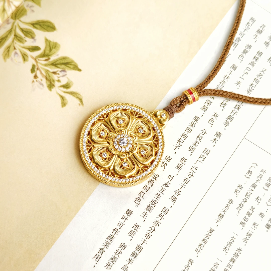 吴越老银铺 吊坠足银锆石 足银手工镶嵌六字真言莲花罗盘赠绳子