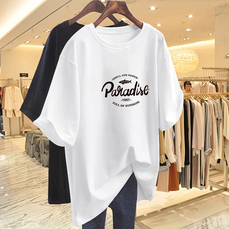 夏季短袖平口下摆T恤女中长款白色打底衫宽松显瘦学生大码印花衣