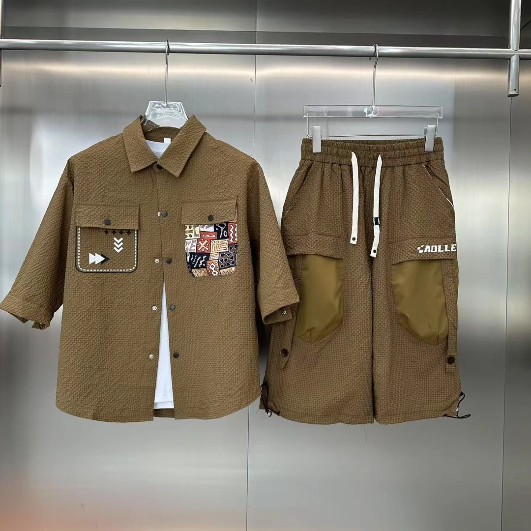 有白男士夏季新款衬衫套装薄款宽松休闲百搭印花潮流时尚套装103