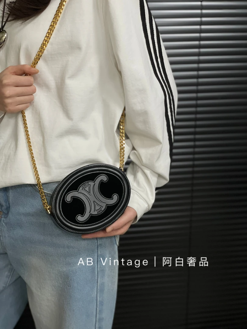 95新 Celine/思琳 阿白奢品｜Celine黑色丝绒拼皮月饼包/大全套