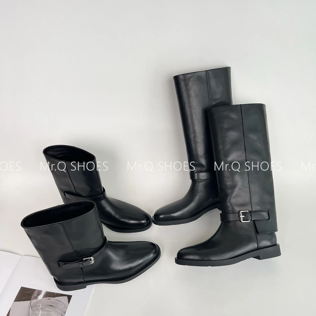 34-40码/跟高2.5cm/黑/休闲百搭圆头平底时装靴骑士靴