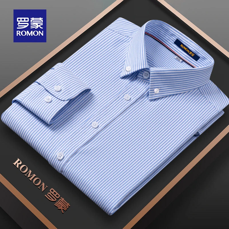 罗蒙牛津纺长袖衬衫男春秋新款休闲商务免烫扣领竖条纹男士衬衣潮