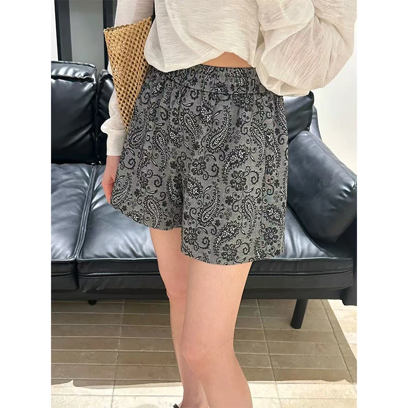 「腰果花」灰色碎花短裤女夏新款高腰复古宽松休闲裤-2802