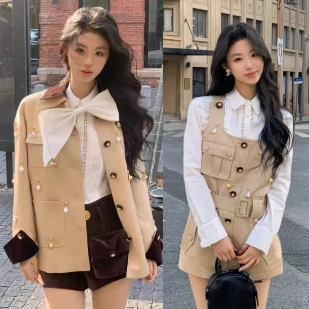 木子店卡其色系列1重工订珠外套短裤半裙衬衣