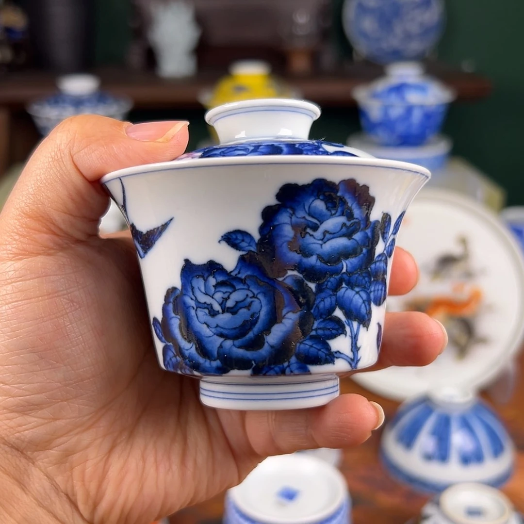 【闪购商品】杯洪印幕明-月季双燕马蹄盖碗