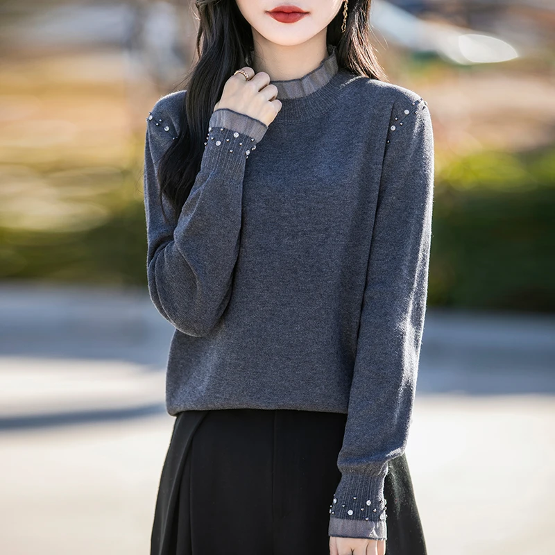 高级感木耳边打底衫女士洋气时髦纯色百搭上衣薄款长袖针织衫内搭