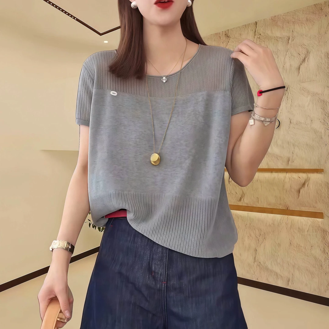 灰色镂空短袖针织衫女款爆款2025新款春夏季气质显瘦百搭圆领上衣