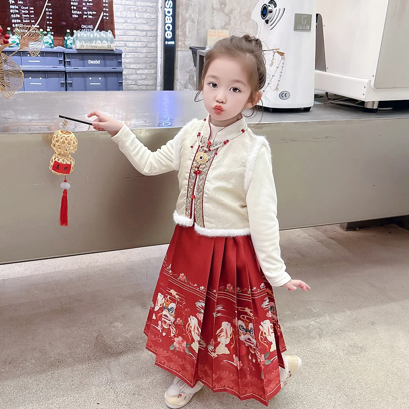 女童加绒拜年套装儿童喜庆马面裙三件套小女孩宝宝秋冬装2026新款